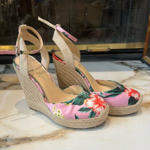 Jessica Simpson Women's Pink Green floral espadrille wedge heel sandals Size 9.5 - Picture 1 of 6